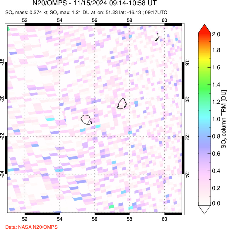 A sulfur dioxide image over Reunion Island, Indian Ocean on Nov 15, 2024.