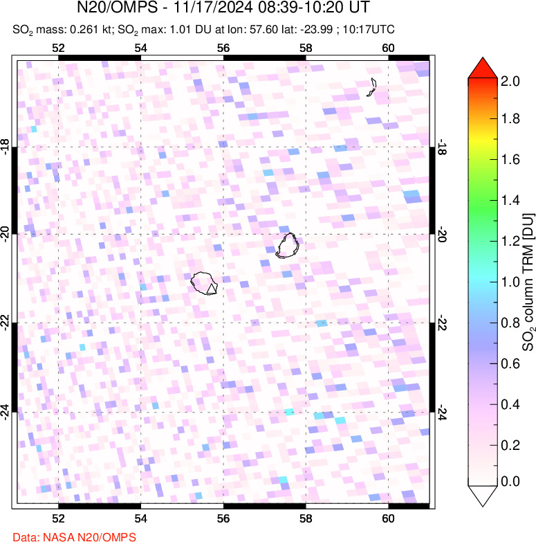 A sulfur dioxide image over Reunion Island, Indian Ocean on Nov 17, 2024.