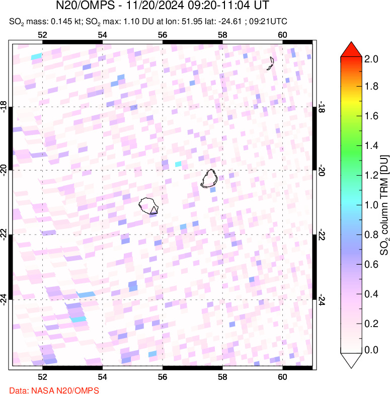 A sulfur dioxide image over Reunion Island, Indian Ocean on Nov 20, 2024.