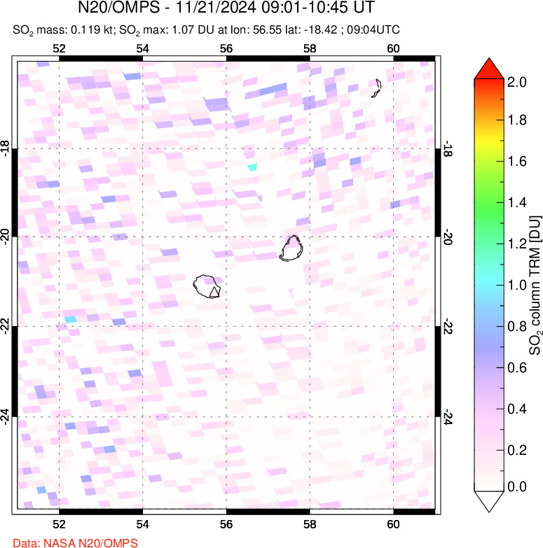 A sulfur dioxide image over Reunion Island, Indian Ocean on Nov 21, 2024.