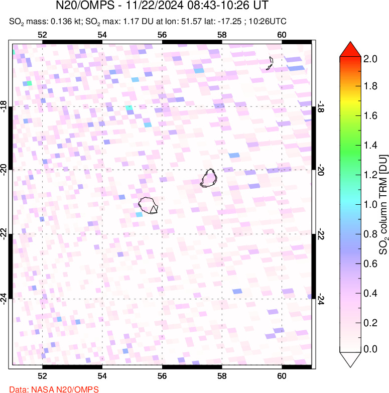 A sulfur dioxide image over Reunion Island, Indian Ocean on Nov 22, 2024.