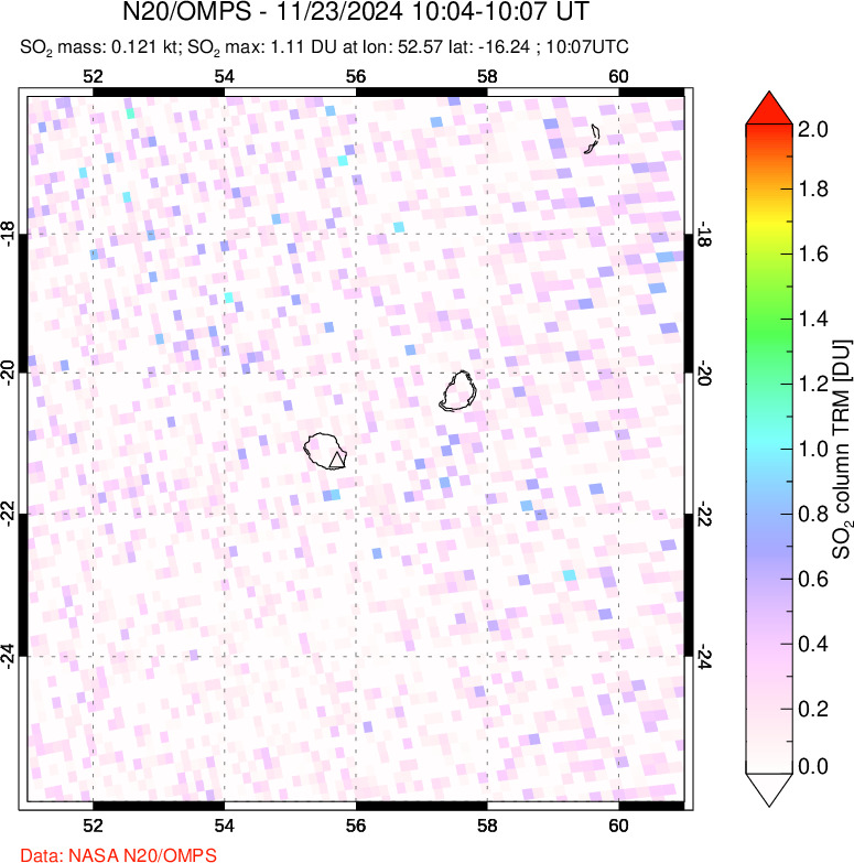 A sulfur dioxide image over Reunion Island, Indian Ocean on Nov 23, 2024.