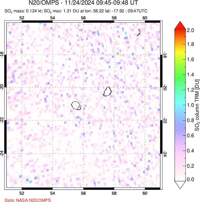 A sulfur dioxide image over Reunion Island, Indian Ocean on Nov 24, 2024.