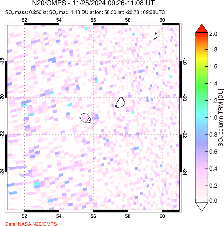 A sulfur dioxide image over Reunion Island, Indian Ocean on Nov 25, 2024.