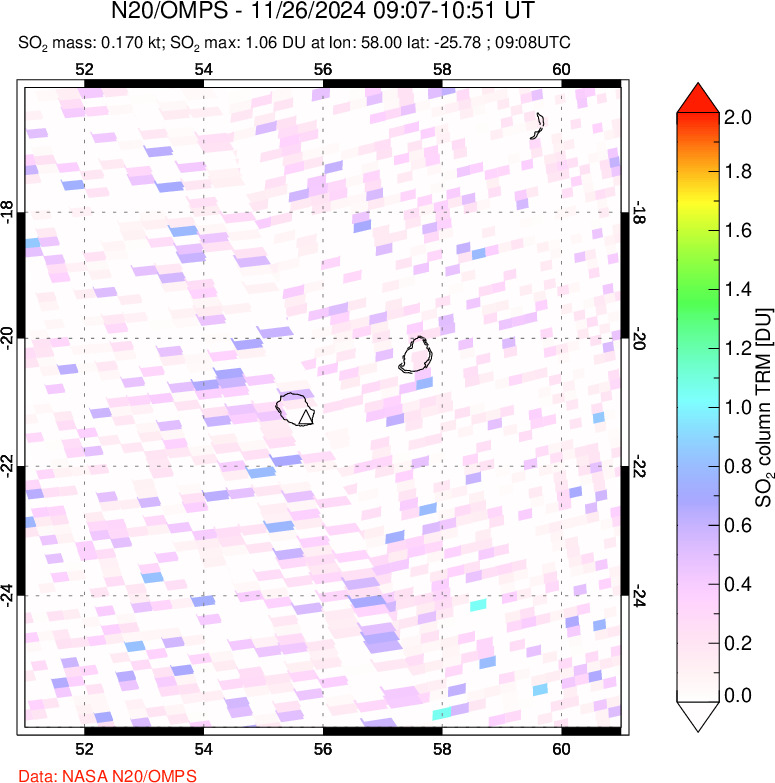 A sulfur dioxide image over Reunion Island, Indian Ocean on Nov 26, 2024.