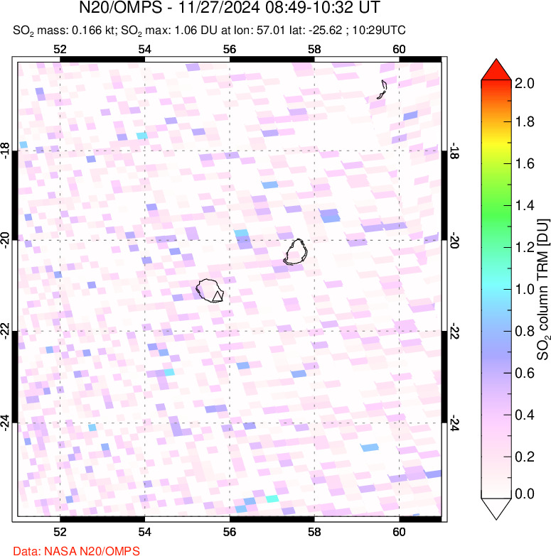 A sulfur dioxide image over Reunion Island, Indian Ocean on Nov 27, 2024.