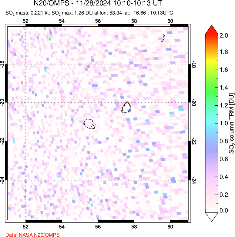 A sulfur dioxide image over Reunion Island, Indian Ocean on Nov 28, 2024.