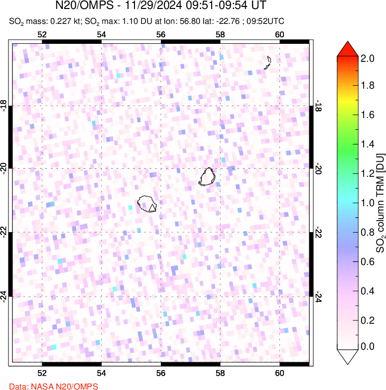 A sulfur dioxide image over Reunion Island, Indian Ocean on Nov 29, 2024.