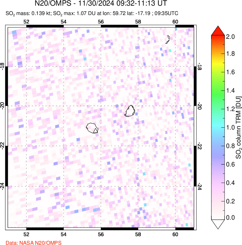 A sulfur dioxide image over Reunion Island, Indian Ocean on Nov 30, 2024.