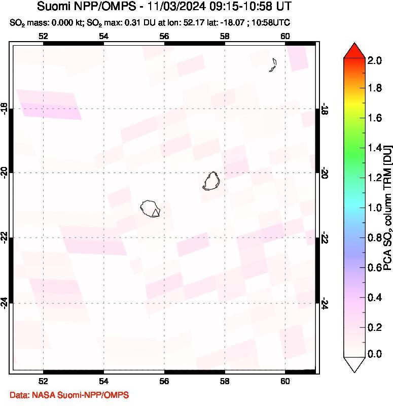 A sulfur dioxide image over Reunion Island, Indian Ocean on Nov 03, 2024.