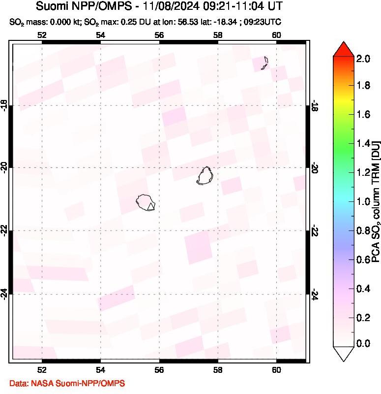 A sulfur dioxide image over Reunion Island, Indian Ocean on Nov 08, 2024.