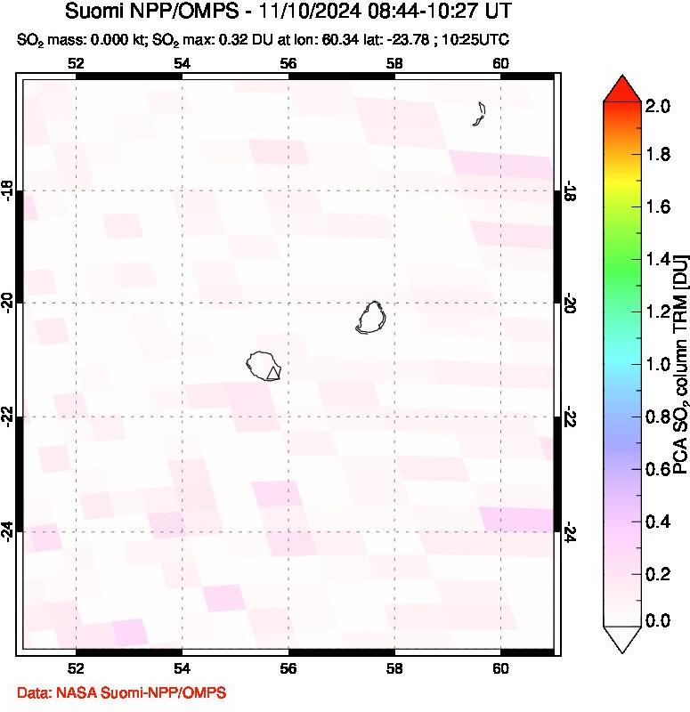 A sulfur dioxide image over Reunion Island, Indian Ocean on Nov 10, 2024.