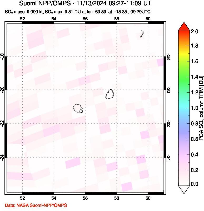 A sulfur dioxide image over Reunion Island, Indian Ocean on Nov 13, 2024.