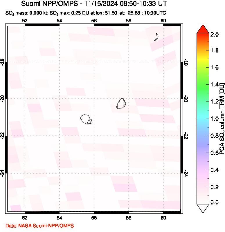 A sulfur dioxide image over Reunion Island, Indian Ocean on Nov 15, 2024.