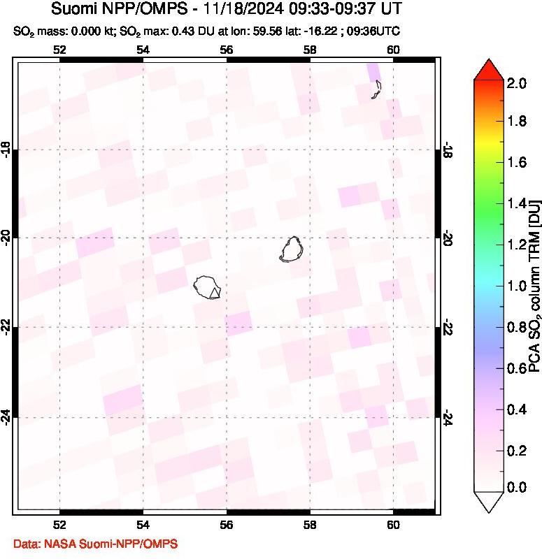 A sulfur dioxide image over Reunion Island, Indian Ocean on Nov 18, 2024.