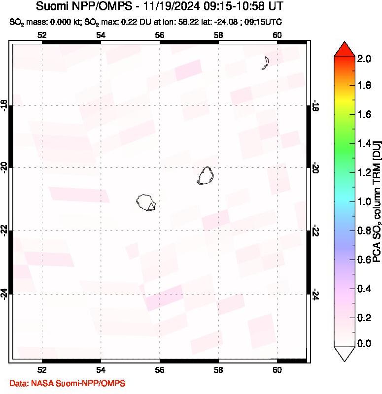 A sulfur dioxide image over Reunion Island, Indian Ocean on Nov 19, 2024.