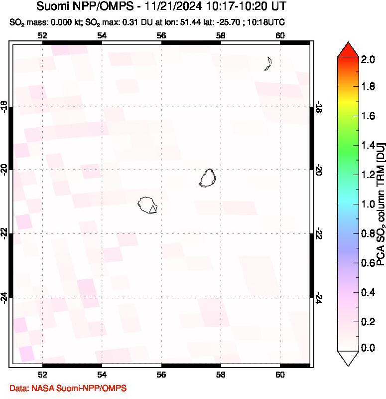 A sulfur dioxide image over Reunion Island, Indian Ocean on Nov 21, 2024.