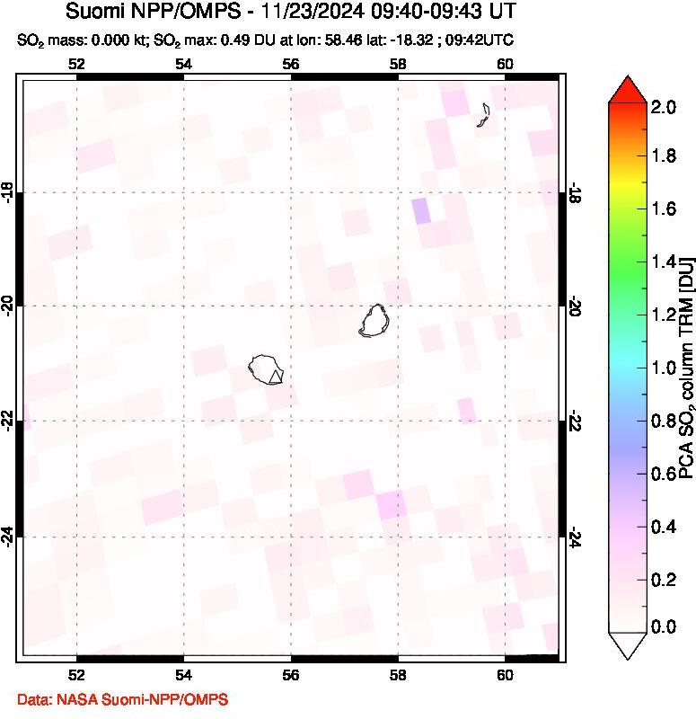 A sulfur dioxide image over Reunion Island, Indian Ocean on Nov 23, 2024.