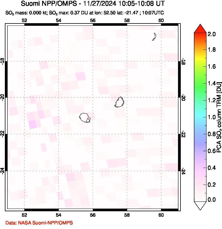 A sulfur dioxide image over Reunion Island, Indian Ocean on Nov 27, 2024.