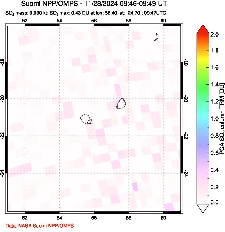 A sulfur dioxide image over Reunion Island, Indian Ocean on Nov 28, 2024.