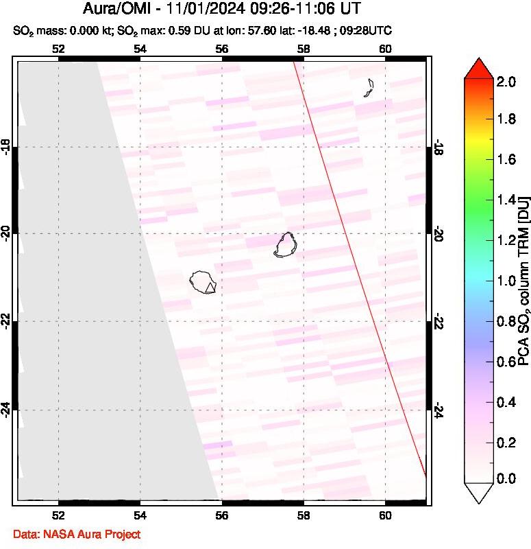 A sulfur dioxide image over Reunion Island, Indian Ocean on Nov 01, 2024.