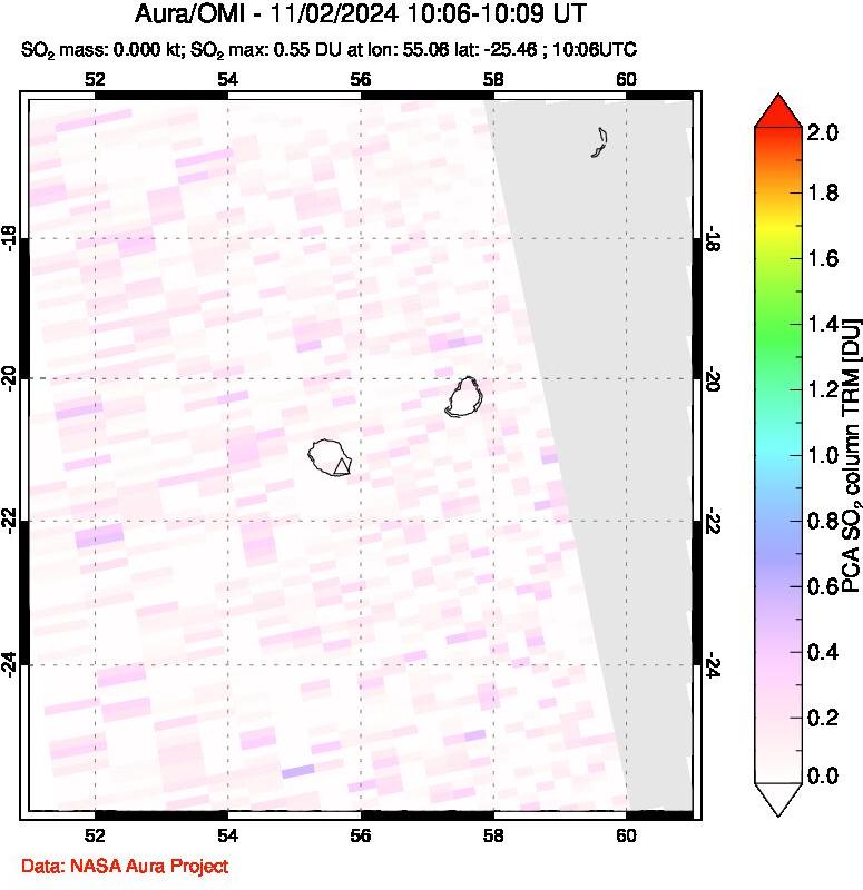 A sulfur dioxide image over Reunion Island, Indian Ocean on Nov 02, 2024.