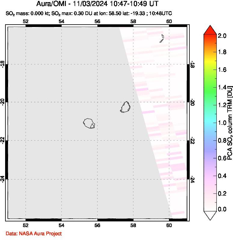 A sulfur dioxide image over Reunion Island, Indian Ocean on Nov 03, 2024.