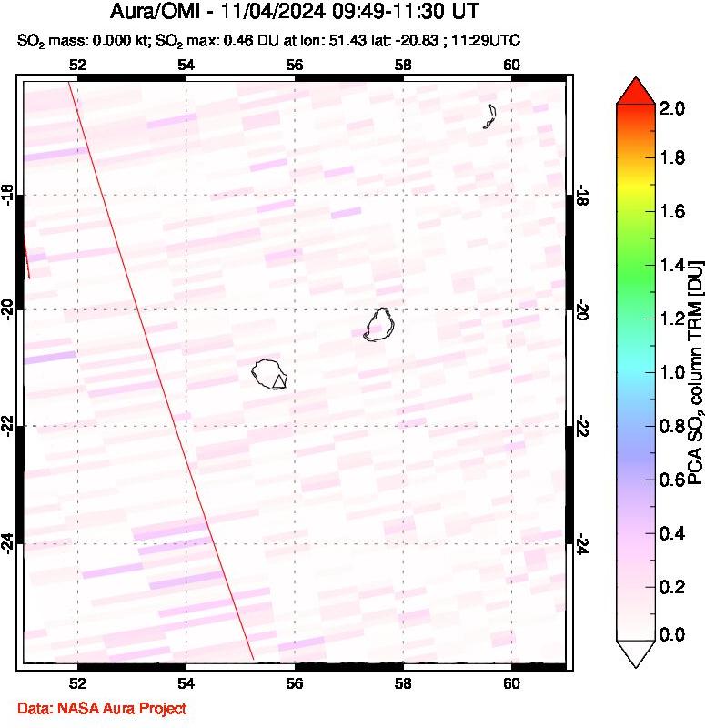 A sulfur dioxide image over Reunion Island, Indian Ocean on Nov 04, 2024.