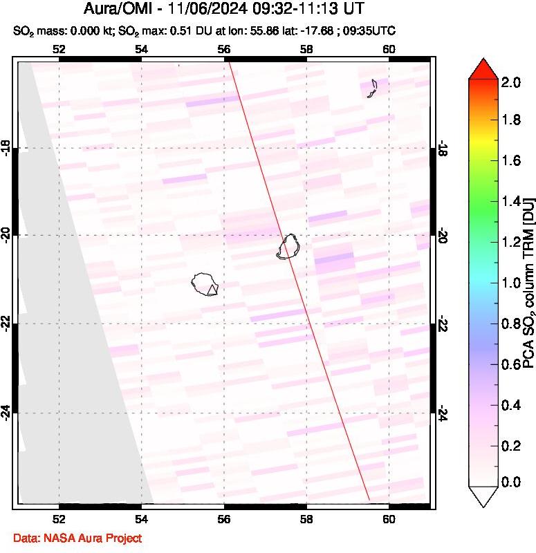 A sulfur dioxide image over Reunion Island, Indian Ocean on Nov 06, 2024.