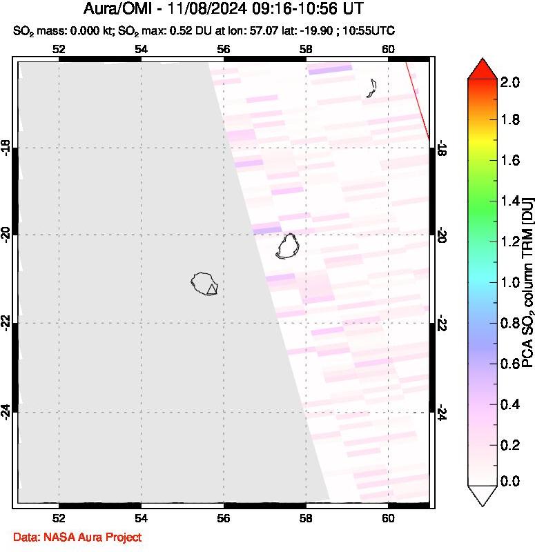 A sulfur dioxide image over Reunion Island, Indian Ocean on Nov 08, 2024.