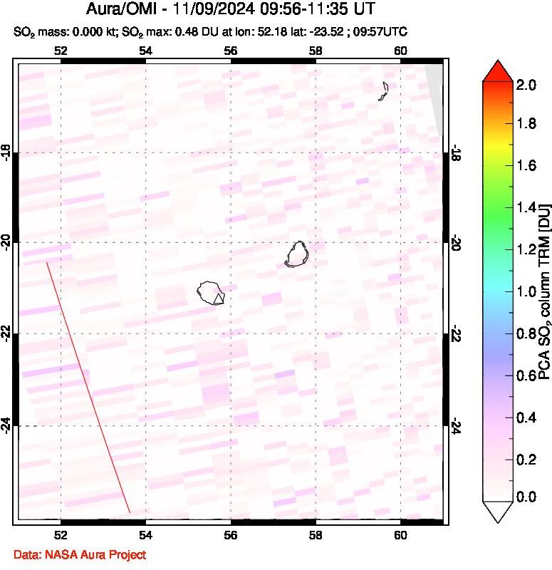 A sulfur dioxide image over Reunion Island, Indian Ocean on Nov 09, 2024.