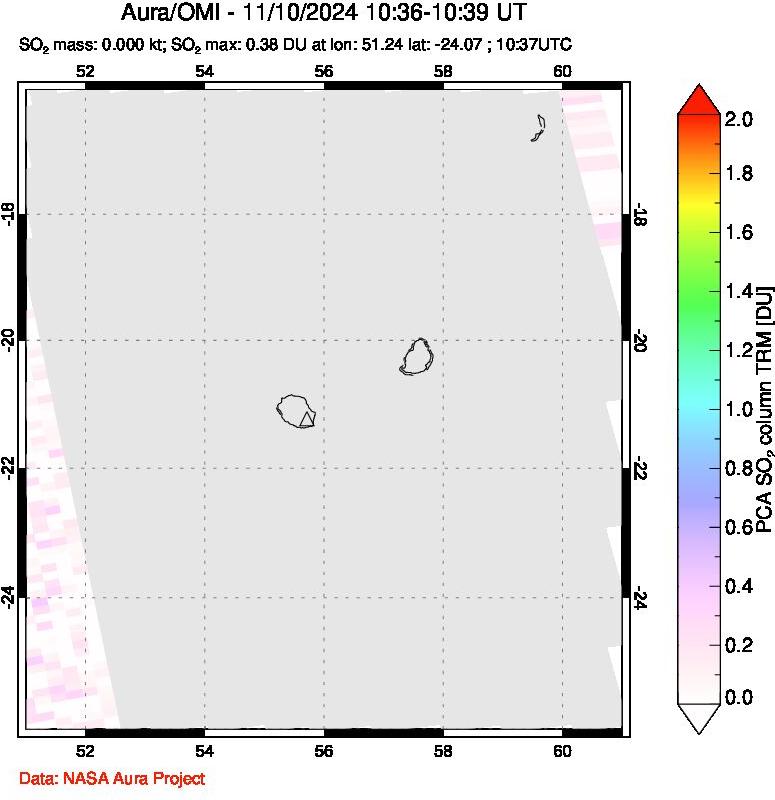 A sulfur dioxide image over Reunion Island, Indian Ocean on Nov 10, 2024.