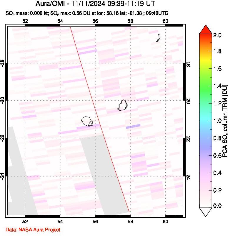 A sulfur dioxide image over Reunion Island, Indian Ocean on Nov 11, 2024.