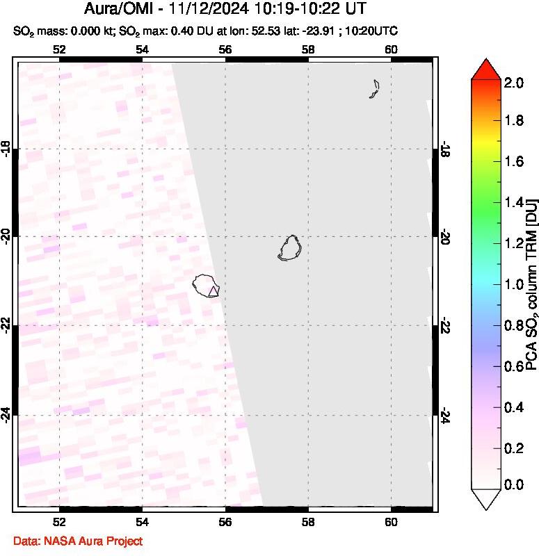 A sulfur dioxide image over Reunion Island, Indian Ocean on Nov 12, 2024.