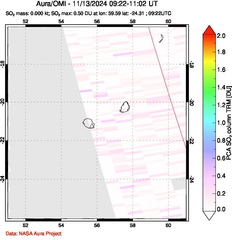 A sulfur dioxide image over Reunion Island, Indian Ocean on Nov 13, 2024.