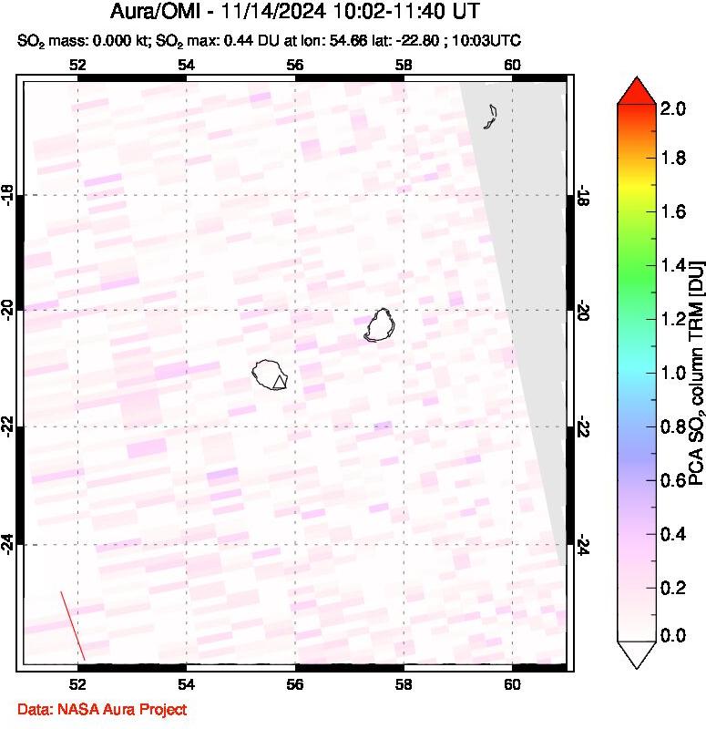 A sulfur dioxide image over Reunion Island, Indian Ocean on Nov 14, 2024.