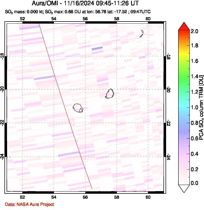 A sulfur dioxide image over Reunion Island, Indian Ocean on Nov 16, 2024.