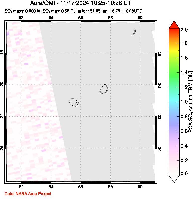 A sulfur dioxide image over Reunion Island, Indian Ocean on Nov 17, 2024.