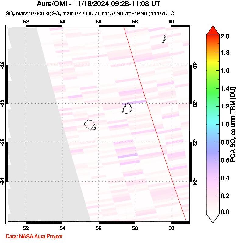 A sulfur dioxide image over Reunion Island, Indian Ocean on Nov 18, 2024.