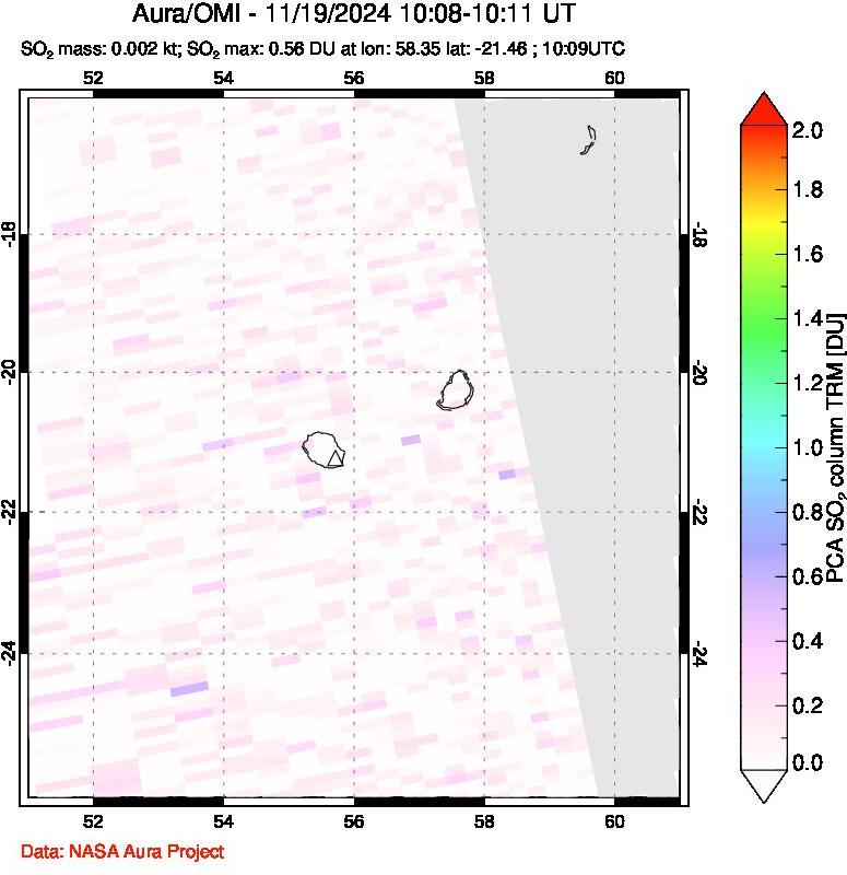 A sulfur dioxide image over Reunion Island, Indian Ocean on Nov 19, 2024.