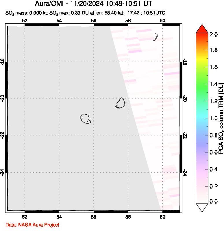 A sulfur dioxide image over Reunion Island, Indian Ocean on Nov 20, 2024.