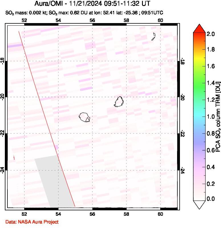 A sulfur dioxide image over Reunion Island, Indian Ocean on Nov 21, 2024.