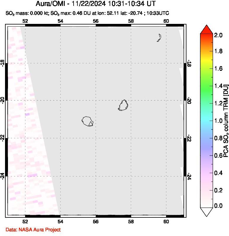 A sulfur dioxide image over Reunion Island, Indian Ocean on Nov 22, 2024.