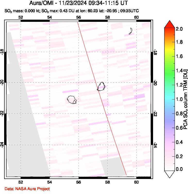 A sulfur dioxide image over Reunion Island, Indian Ocean on Nov 23, 2024.