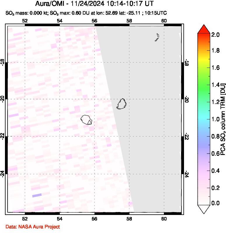 A sulfur dioxide image over Reunion Island, Indian Ocean on Nov 24, 2024.