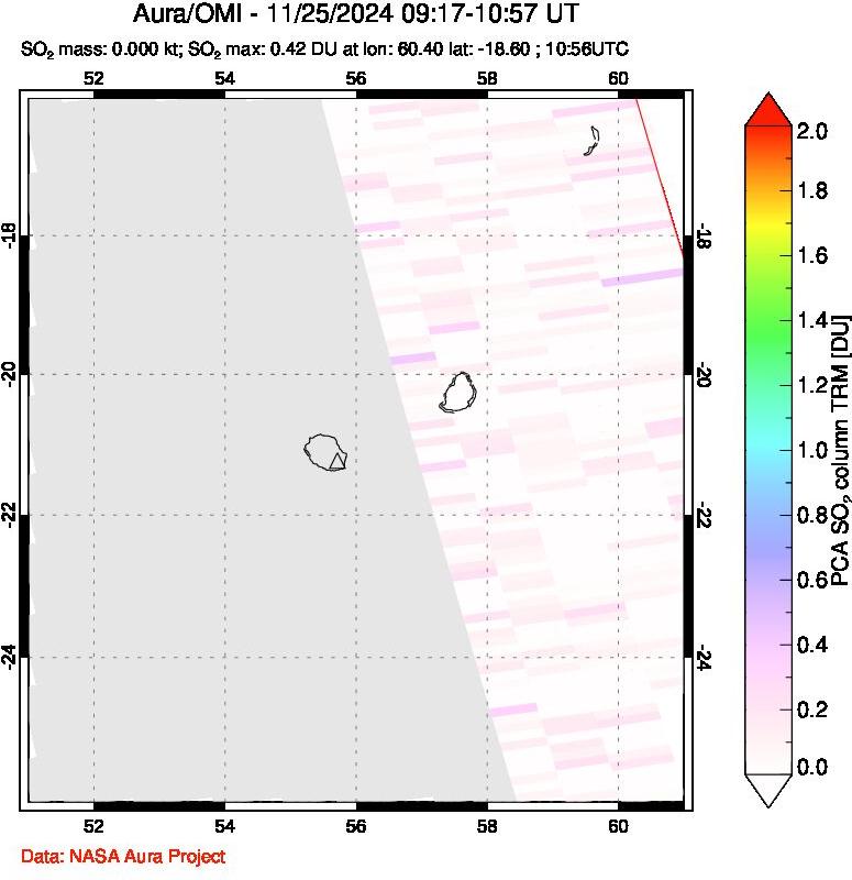 A sulfur dioxide image over Reunion Island, Indian Ocean on Nov 25, 2024.