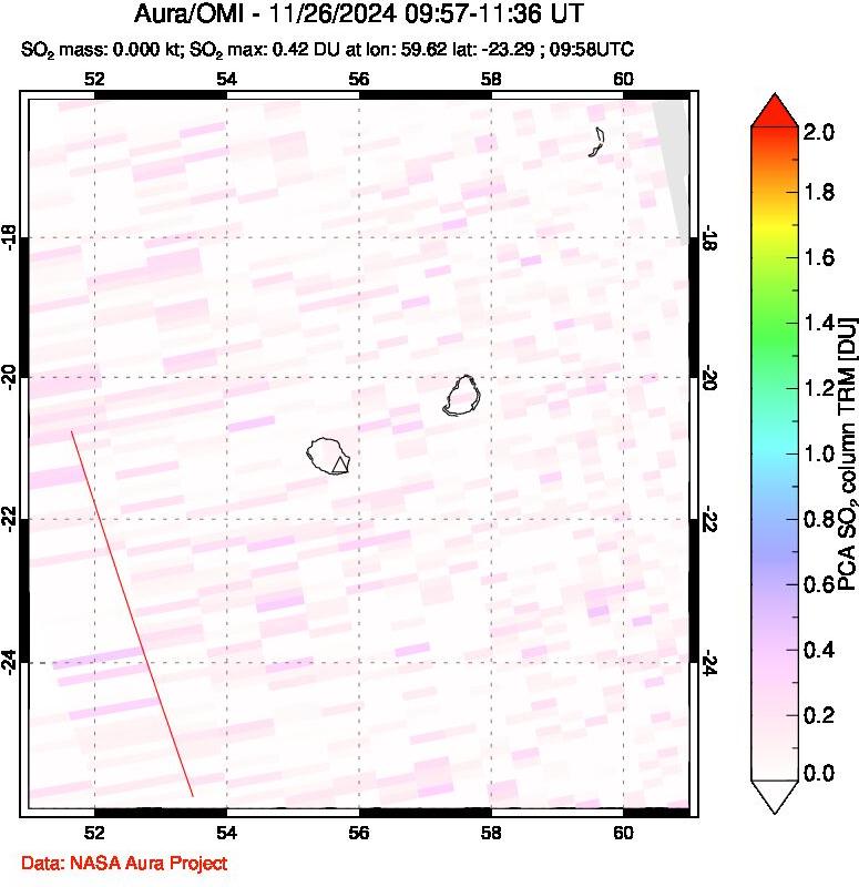 A sulfur dioxide image over Reunion Island, Indian Ocean on Nov 26, 2024.