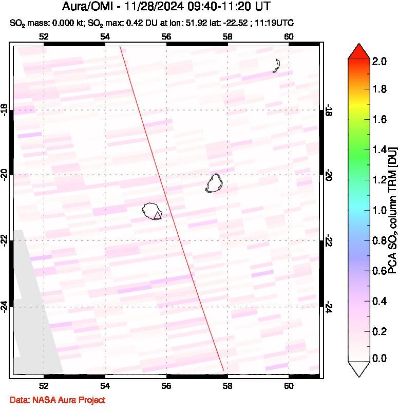 A sulfur dioxide image over Reunion Island, Indian Ocean on Nov 28, 2024.