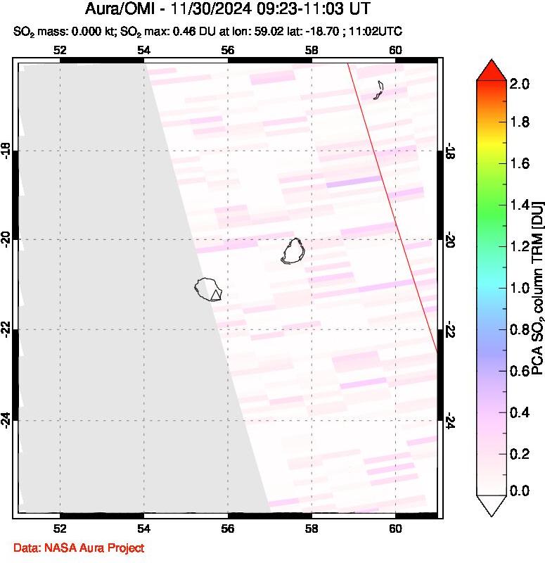 A sulfur dioxide image over Reunion Island, Indian Ocean on Nov 30, 2024.