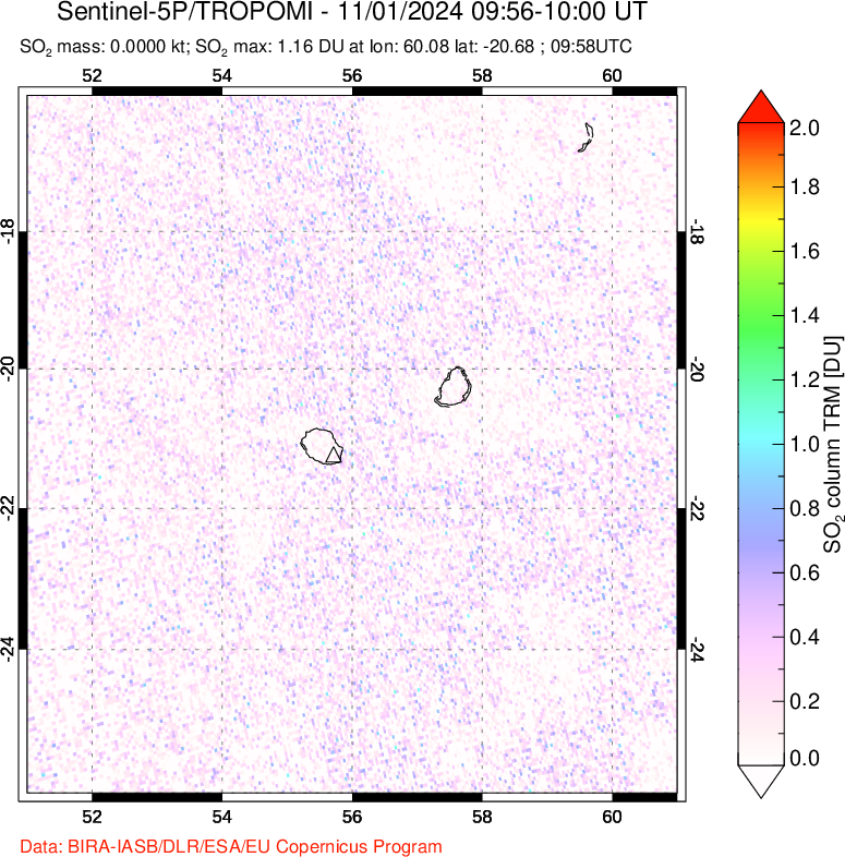 A sulfur dioxide image over Reunion Island, Indian Ocean on Nov 01, 2024.